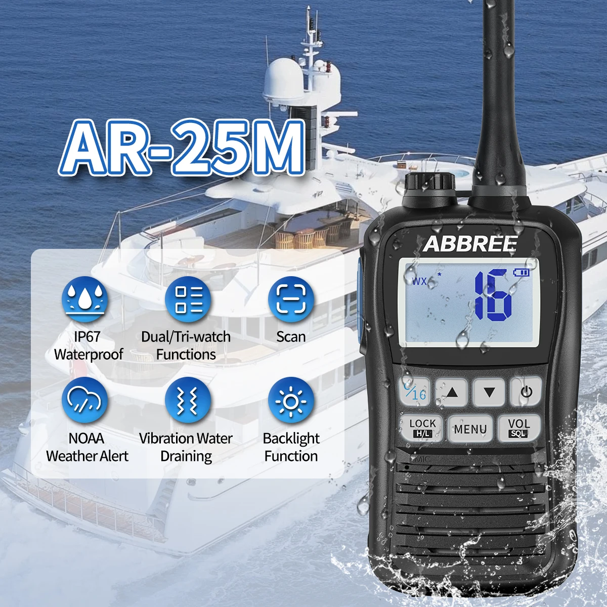 ABBREE AR-25M Marine Radio Transceiver IP67 Waterproof Handheld VHF Walkie Talkie Amateur NOAA Floating Two Way Radio For Boat