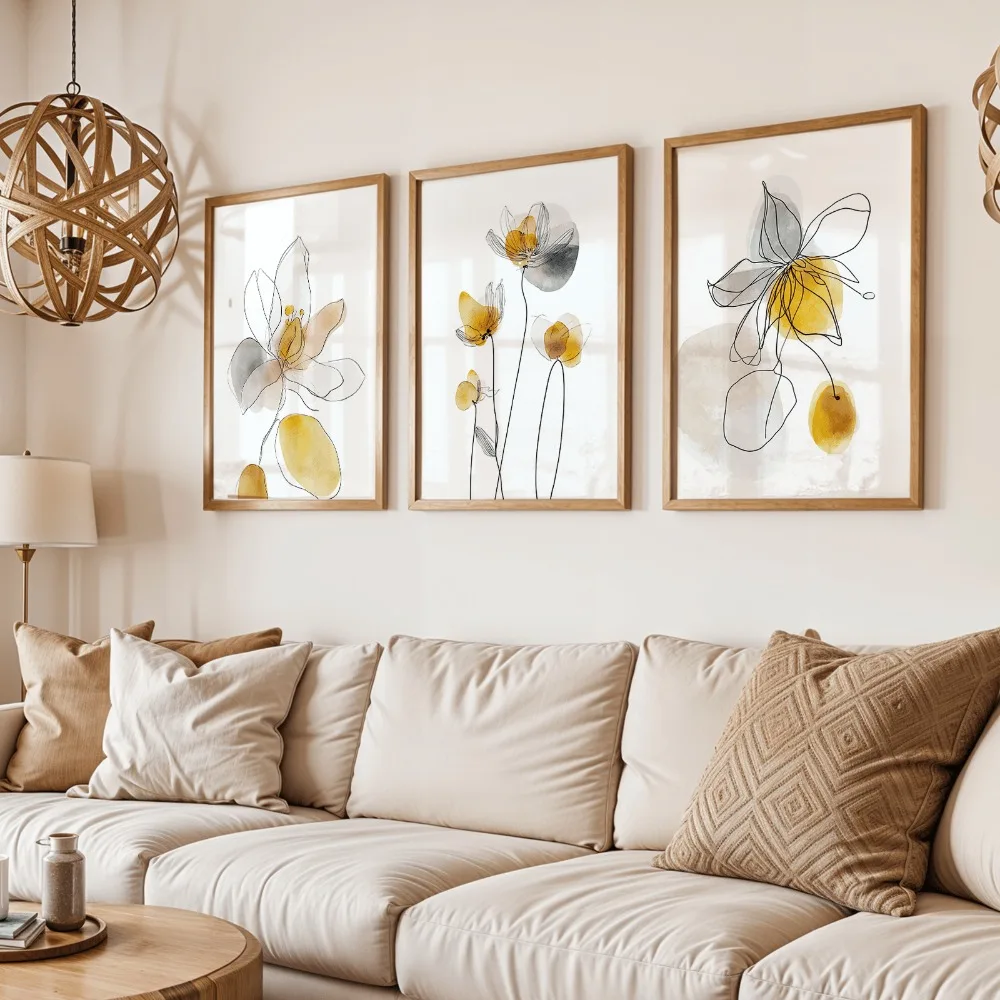3pcs  frameless Simple Flowers Vintage-Style Posters Easy Abstract Plant Art Prints Yellow Flower Canvas Artworks Distinctive Gi