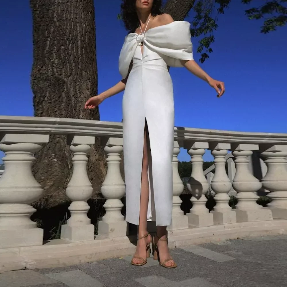 Muloong Ivory Off Shoulder Mermaid Midi Dress Bow Puff Sleeves Ankle Length Classic Luxury Evening Dress Front Split Dress