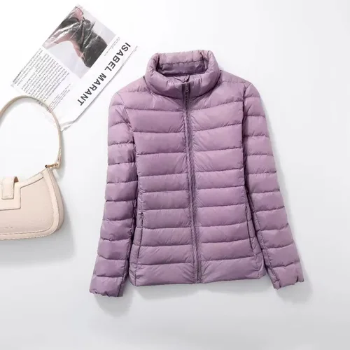 Imagen 2 del producto Chaqueta de plumón ligera de talla grande para mujer, ropa interior de tela para otoño e invierno, abrigo ajustado corto con cuello levantado, plumón de pato blanco cálido, prendas de vestir exteriores para mujer