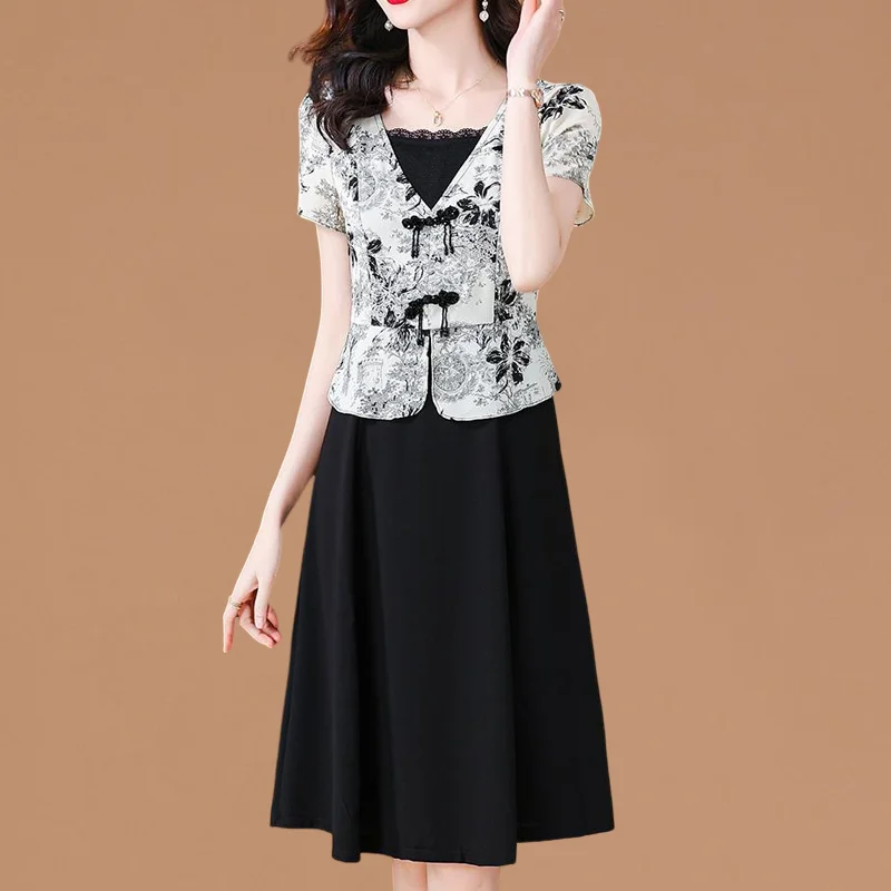 Elegancka koronkowa sukienka z nadrukiem z guzikami dwuczęściowa sukienka na studniówkę odzież damska 2025 letnie nowe luźne sukienki biurowe Lady Vintage