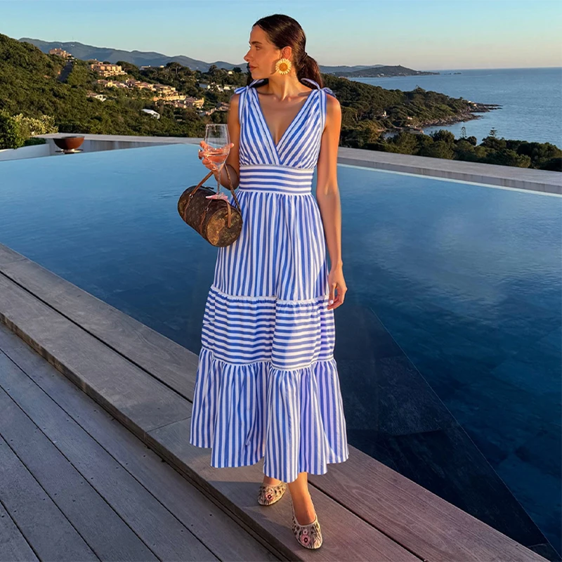 Flaxmaker Vintage Swimwear Women Bowknot Striped One Piece Swimsuit V-neck Bathing Swimming Suit Summer Beachwear Bodysuit