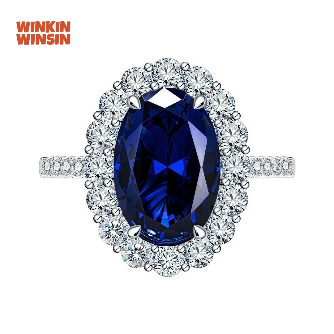 

WINKIN WINSIN Brand MST 925 Sterling Silver Lab Grown Gemstones 4.4 Carat Elliptical Artificial Sapphire Diamond Rings Jewelry