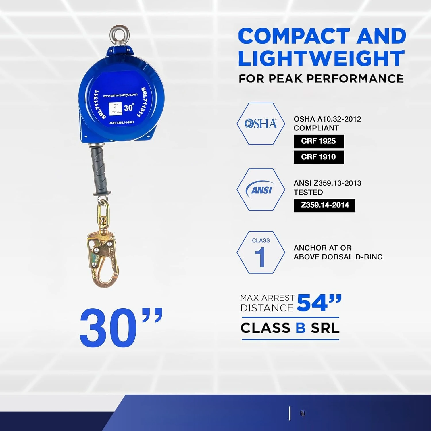 ريال سعودي 30 قدم. خط الحياة ذاتي التراجع I ANSI Z359.14-2021 فئة 1 I SRL كابل مجلفن علوي دوار #4