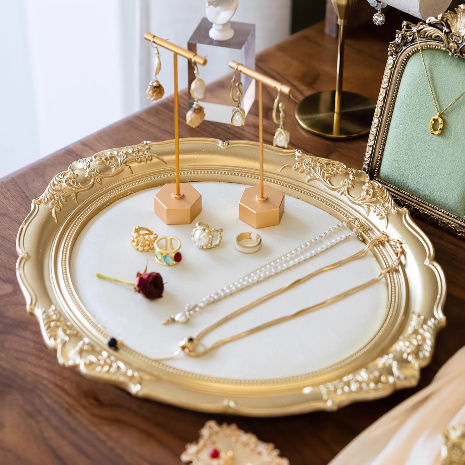 Vintage Velvet Jewelry Display Tray, Retro Ring Necklace Earring Holder, Wooden Presentation Plate for Counter Photo Prop