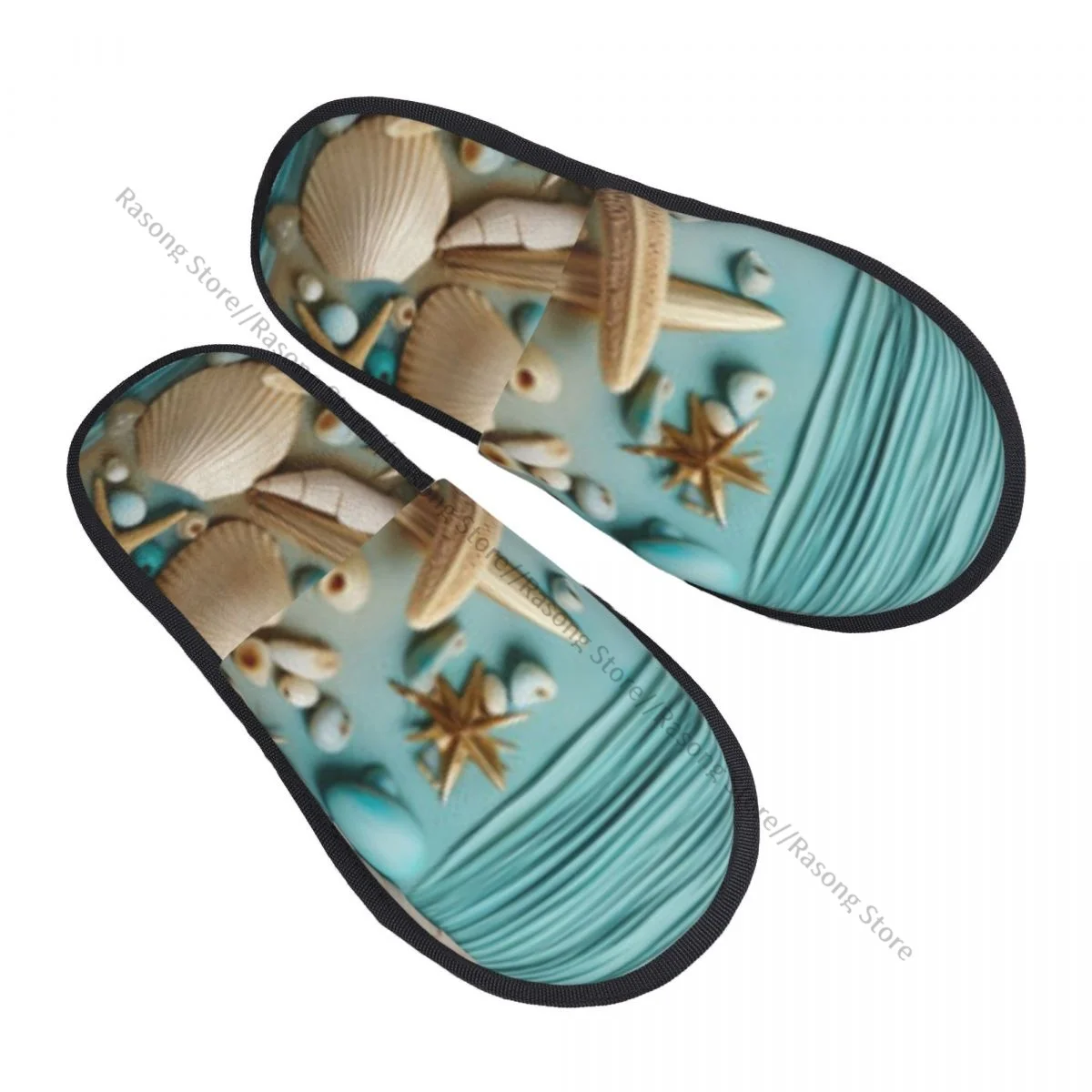 Winter Women Men Non-Slip Flat Slippers Aquatic Starfish Seashell Indoor Fur Soft Warm Shoes