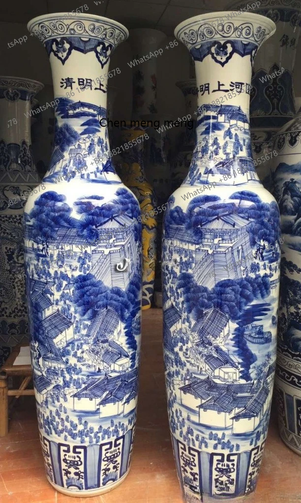 

Large vase 1.8 meters blue and white landscape, ceramic antique pure handmade blue and white porcelain