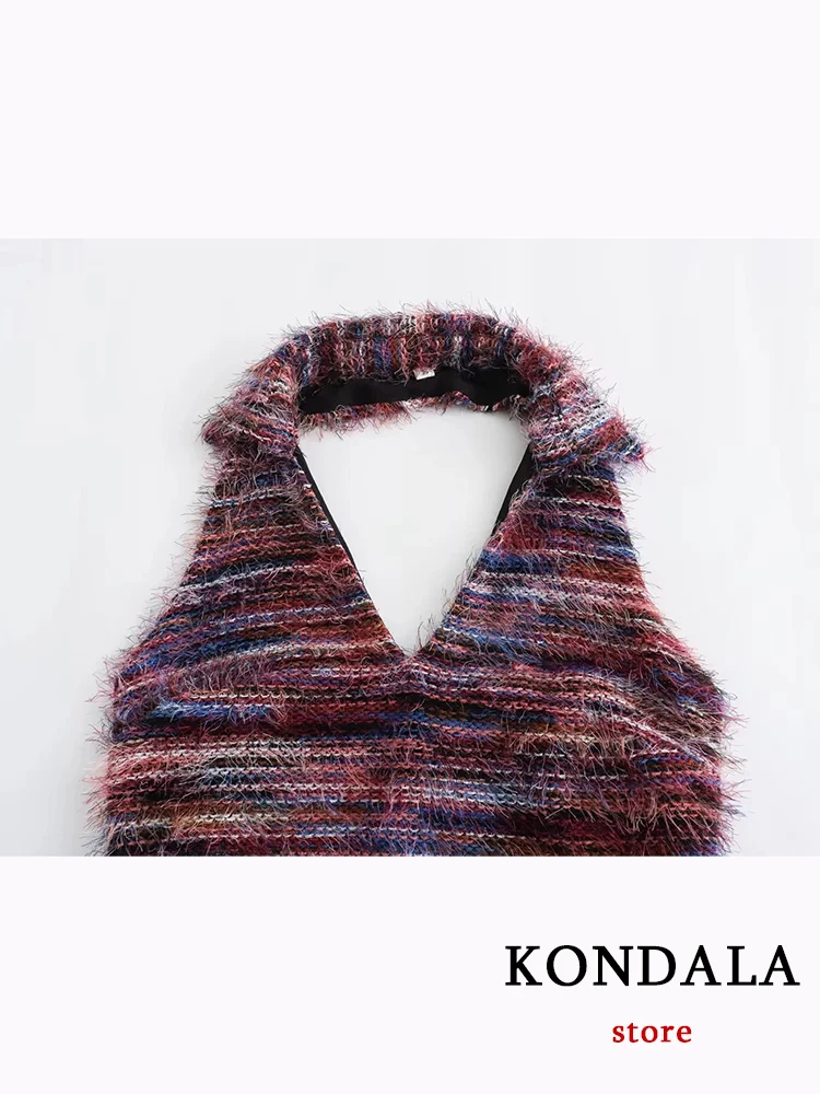 KONDALA Sexy Women Vest V-Neck Sleeveless Knitted Backless Slim Sweaters Fashion 2023 Autumn Y2K Girl Halter Pullovers