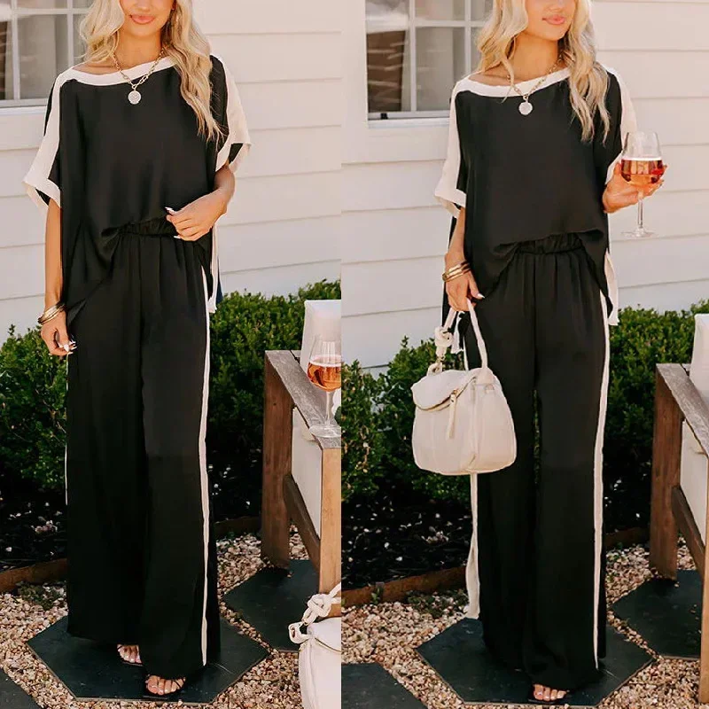 

Summer Women Suit Tracksuit Long Sleeve O-neck Top Pocket Wide-leg Pants Set Female Elegant Fashion Casual Loose Suits