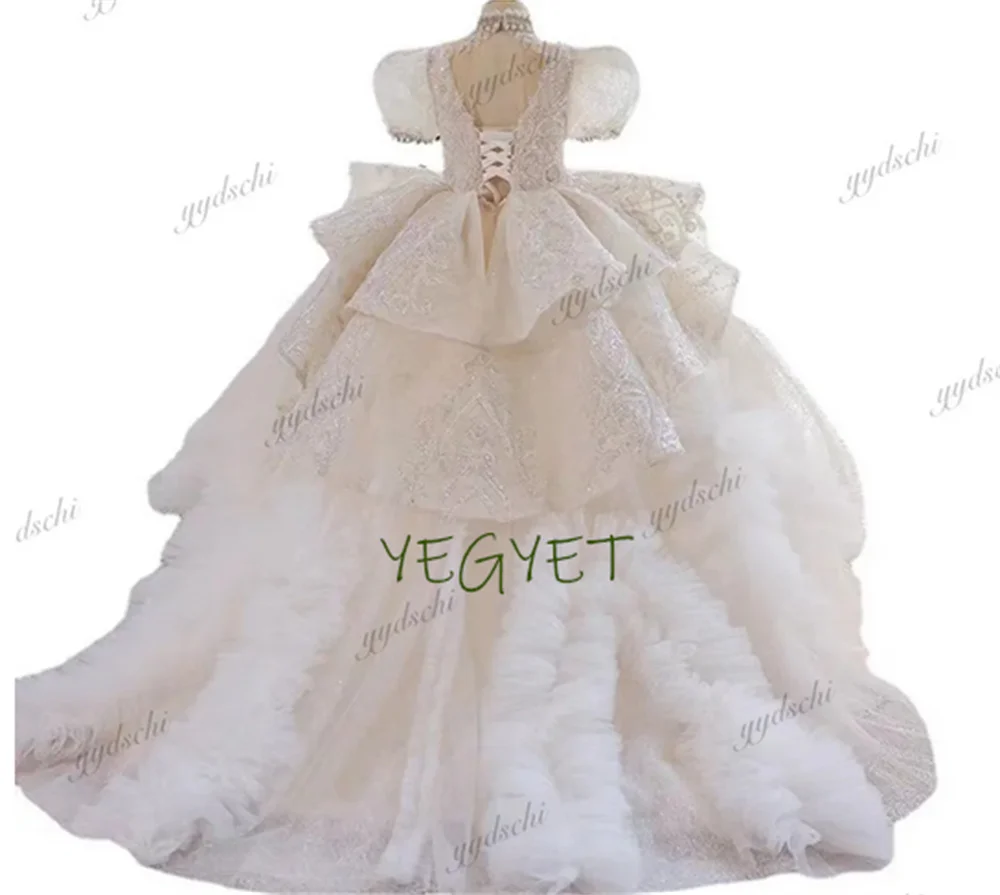 

Luxury Glitter Pearls Beaded Flower Girl Dresses For Wedding Shiny Sequins Appliques Princess Puff Sleeves First Communion Gowns