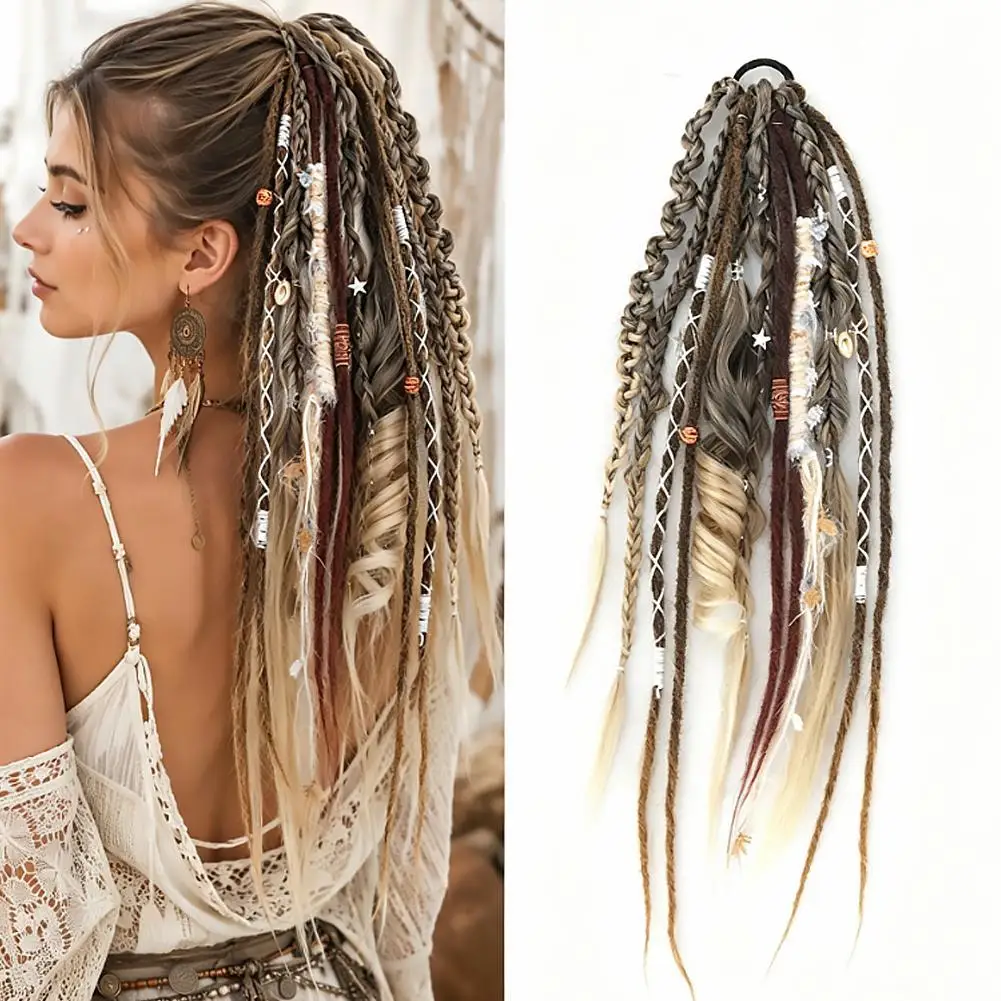 Hand-Braided Boho Decorative Braided Ponytail Synthetic Hair Extension Box Braids With Hair Tie For Women Daily Party Cosplay