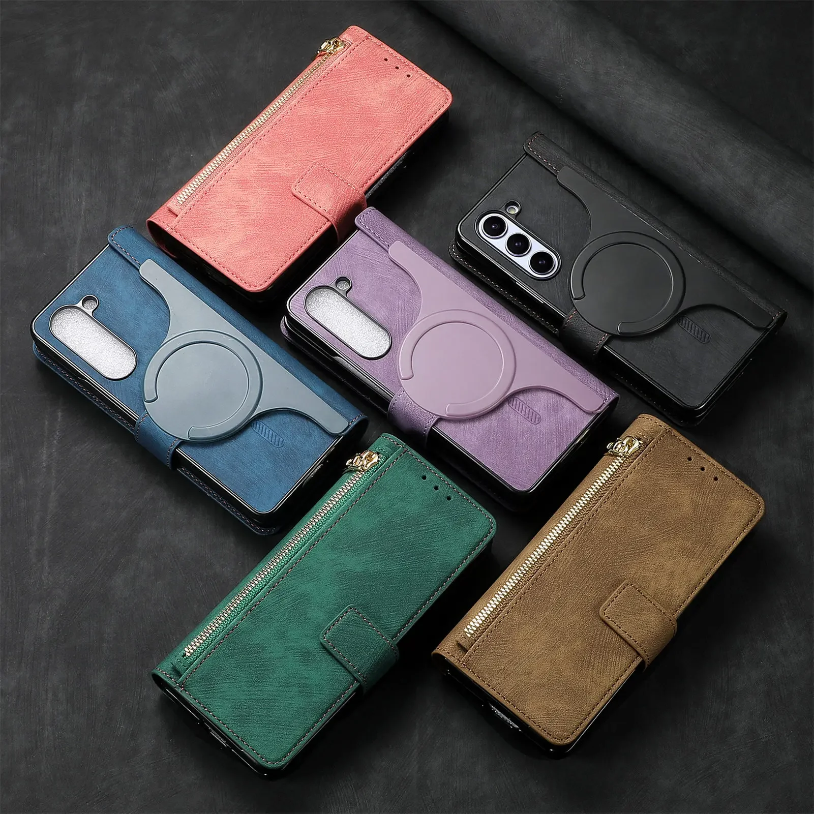 2 in 1 Magnetic Zipper Cards Solt Wallet Leather Case For Samsung Galaxy Z Fold 7 6 5 4 3 5G Wireless Charging Bag Purse Cover