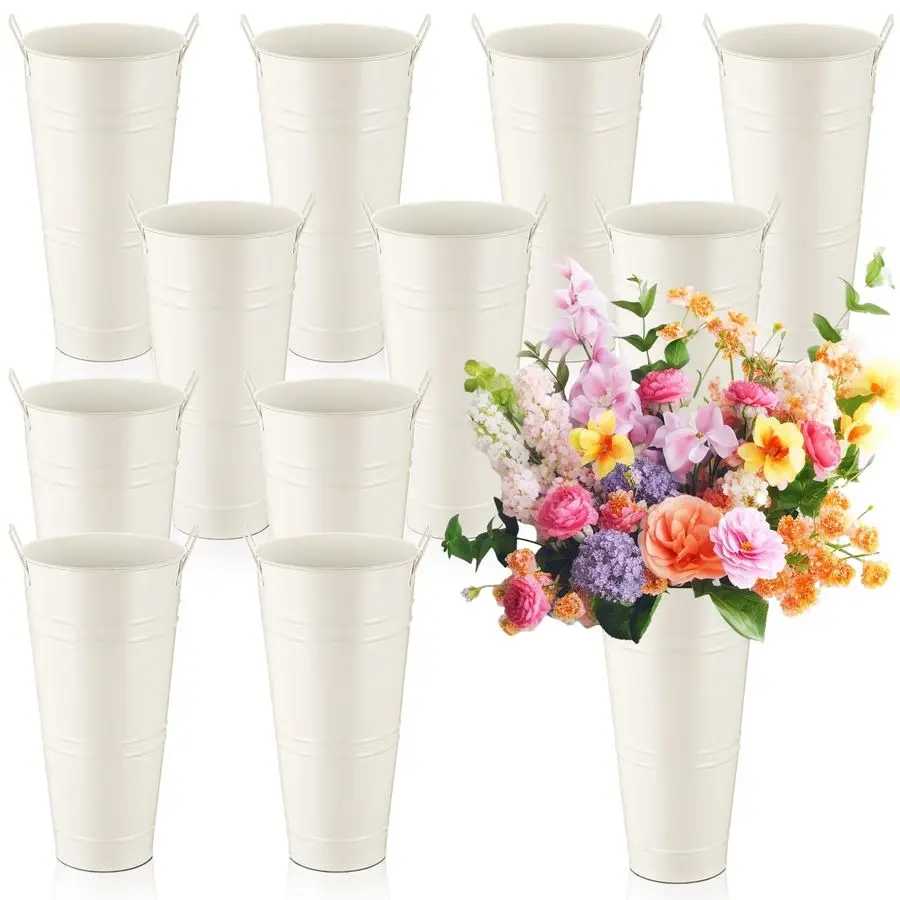 

12 PCS 12 Inch Galvanized Metal Vase with Handles Bulk Tin Flower Buckets Galvanized Vases for Flowers Country Wedding Table Cen
