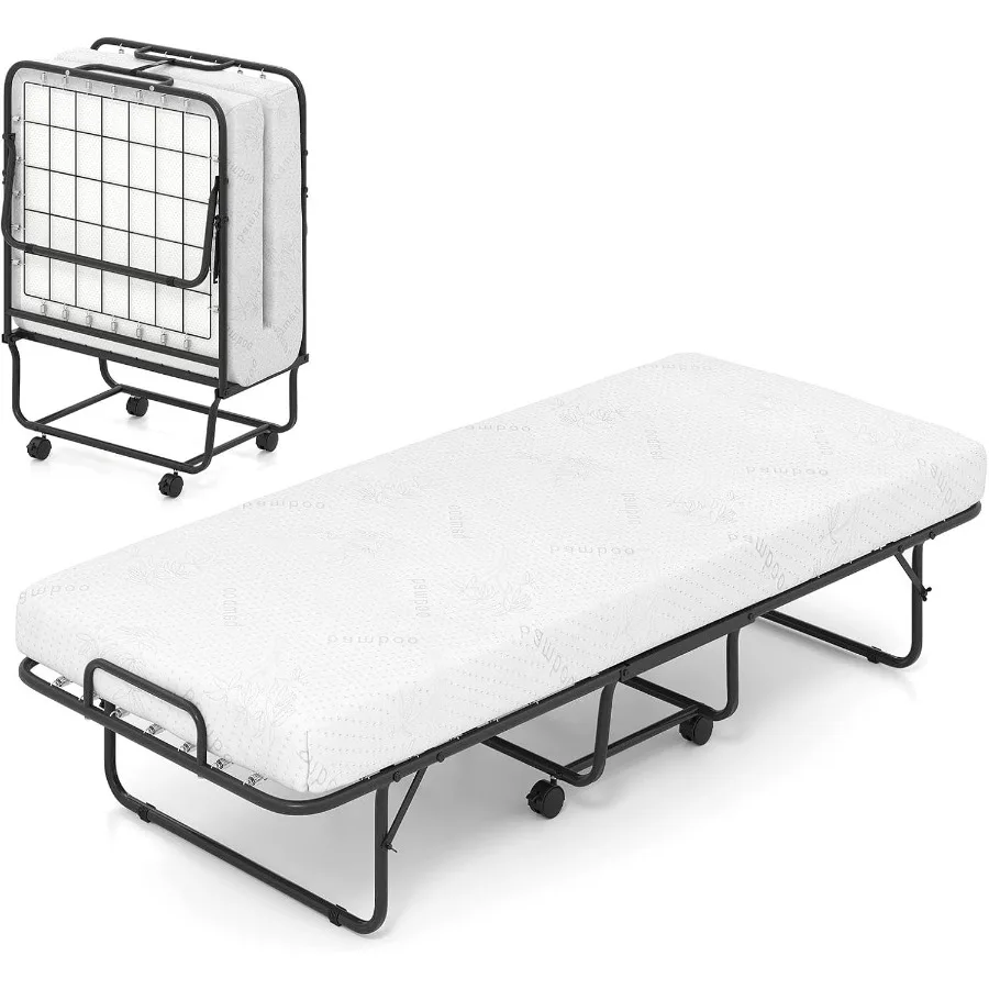 Cama plegable con colchón, tamaño de cuna, cama plegable para invitados con marco de Metal resistente, ruedas bloqueables, ahorro de espacio, plegable portátil