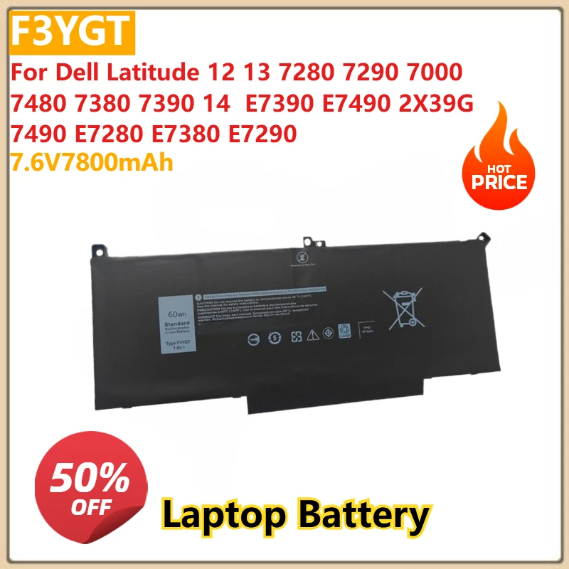 For Dell Latitude 12 13 7280 7290 7000 7480 7380 7390 14  E7390 E7490 2X39G 7490 E7280 E7380 E7290 Laptop Battery F3YGT 7800mAh