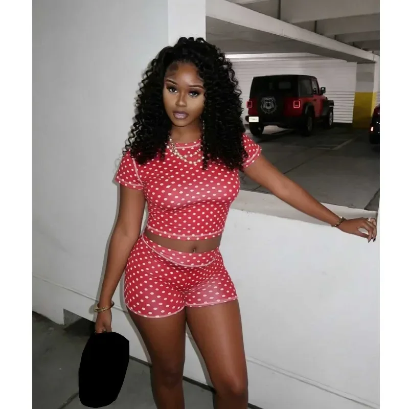 

GUWU Fashion Women's Printed Polka Dot Round Neck Short Sleeved Casual Shorts Sports Two-piece Set