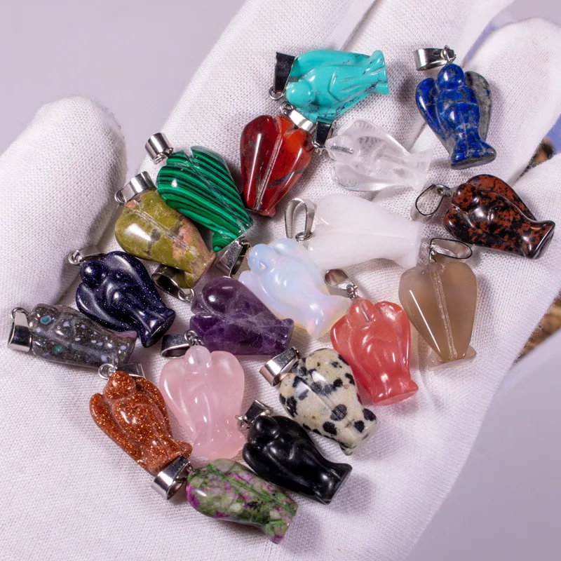10pcs/ Bag Natural Carved Gemstone Peace Pocket Guardian Angel Figurines Reiki Chakra Healing Crystal Statue Stone Pendant