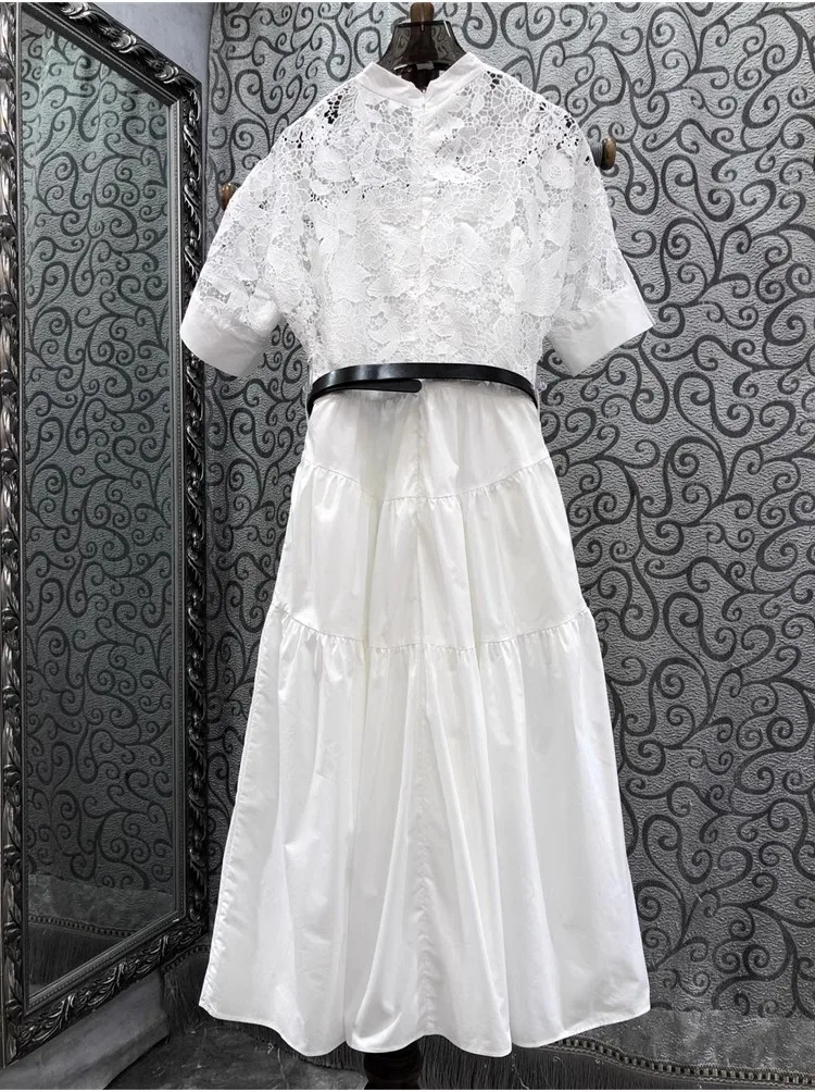 Newest Fashion Design Dress 2024 Spring Summer White Black Dress High Quality Women Lace Embroidery Cotton Midi Dress Belt