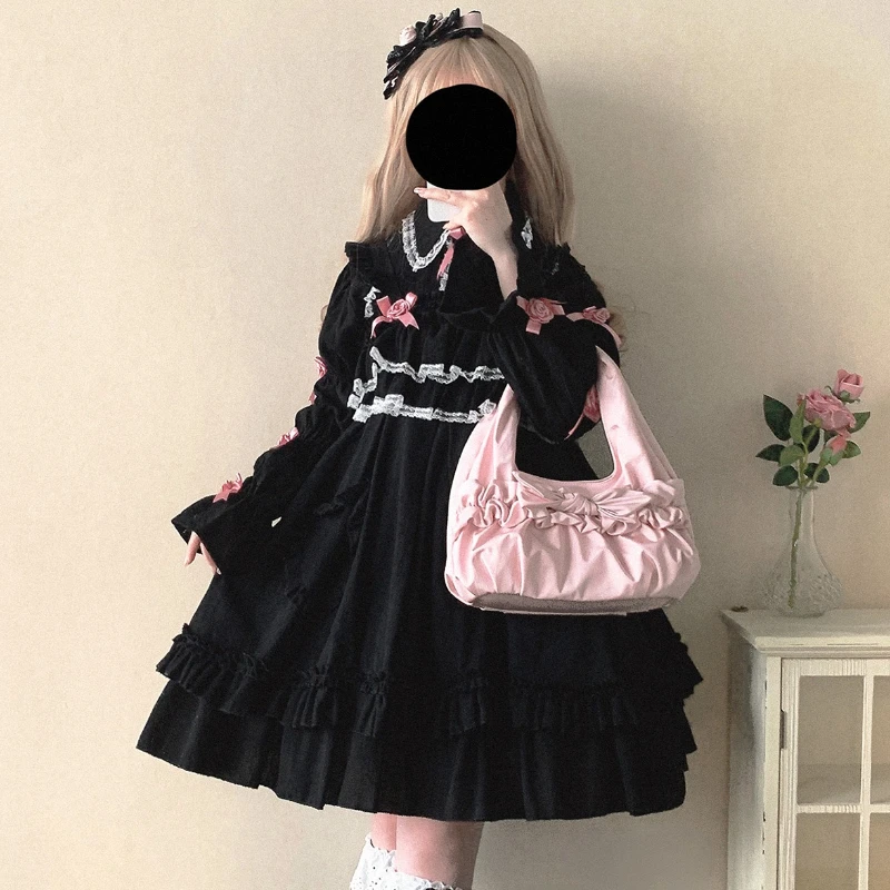 Japanese Victorian Gothic Lolita Jsk Dress Vintage Women Kawaii Bow Lace Strap Dresses Girls Elegant Princess Party Mini Dresses