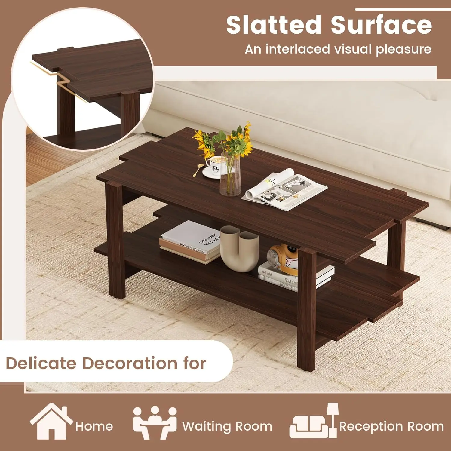 Mesa de centro com armazenamento, mesa central moderna de 45 polegadas com design de ripas e suporte de trilho lateral, mesa retangular para sala de estar