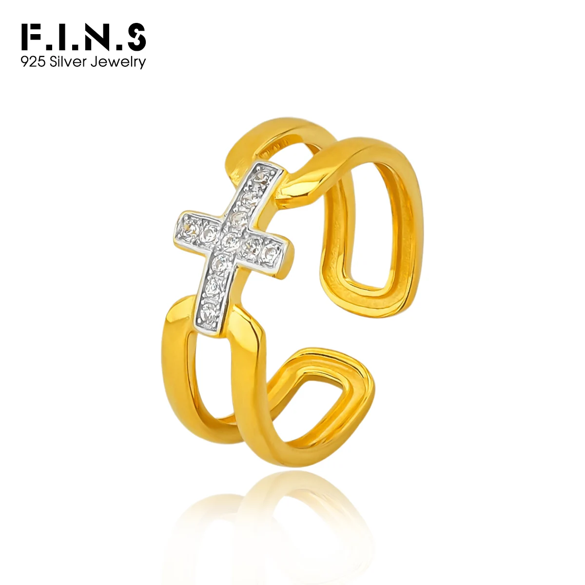 

F.I.N.S Original Korean S925 Sterling Silver Ring For Women Color Block Zircon Cross Layer Open Adjustable Index Finger Jewelry