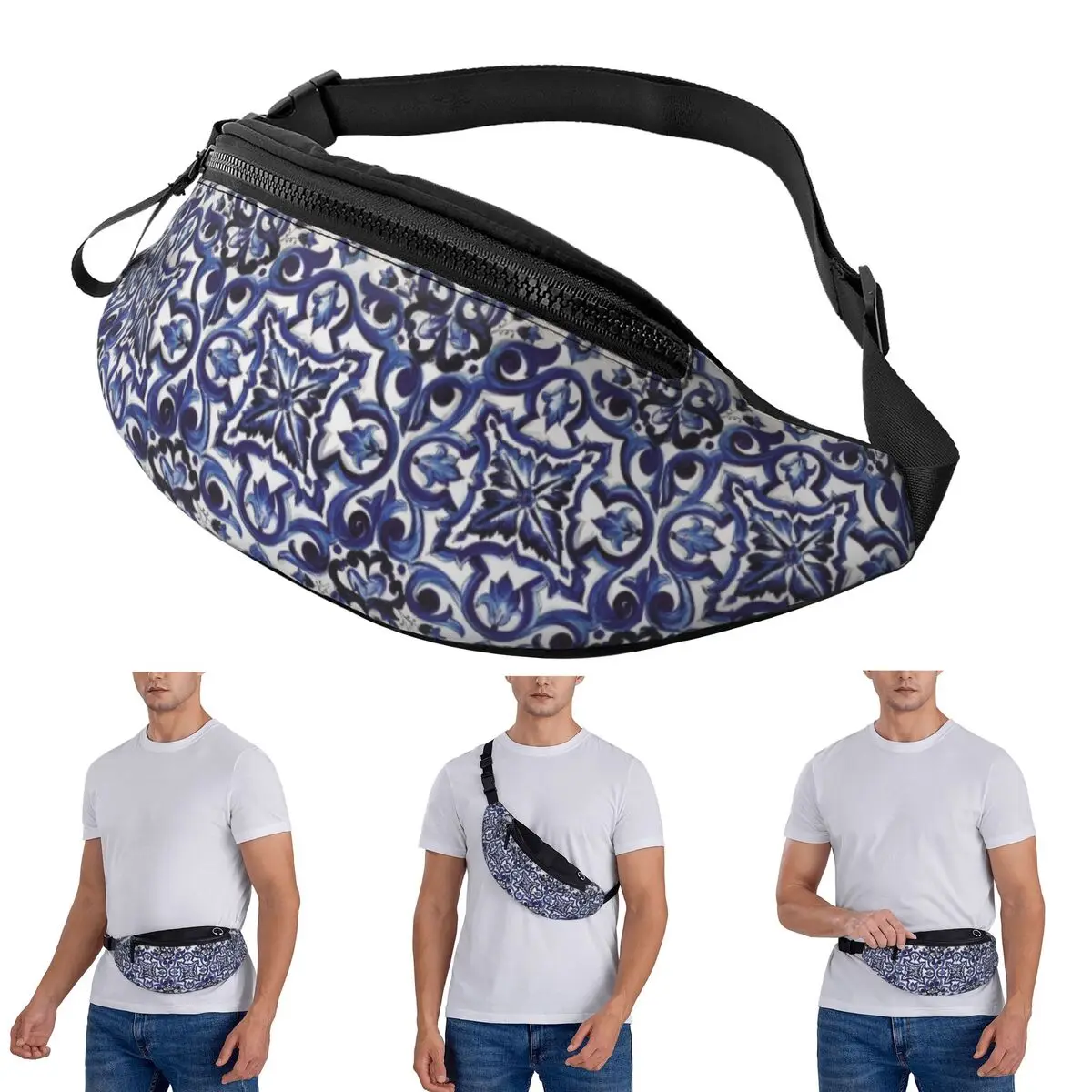 

Поясная сумка через плечо, синяя декоративная с цветочным принтом, средиземноморская сицилийская плитка для мужчин и женщин, поясная сумка для путешествий, бега, денег, чехол для телефона