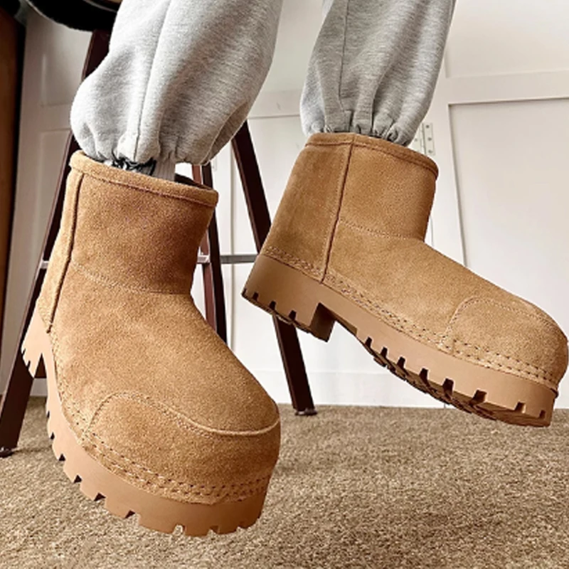 

Suede Platform Slip-On Winter Warm Short Boots Thick Sole Casual Ankle Boots Fashion Non-Slip Snow Boots for Daily Wear Unisex