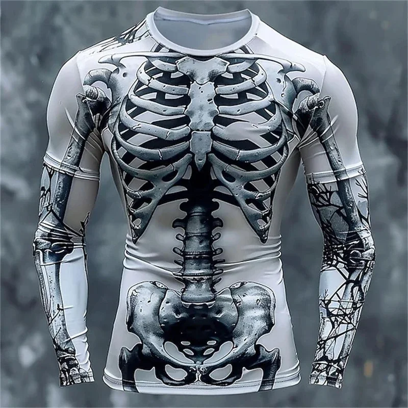 Men Long Sleeve T-shirt 3D Print Skeleton Skulls Pattern Tops Casual Fashion T-shirt Sweatshirt Breathable Streetwear Loose Tees