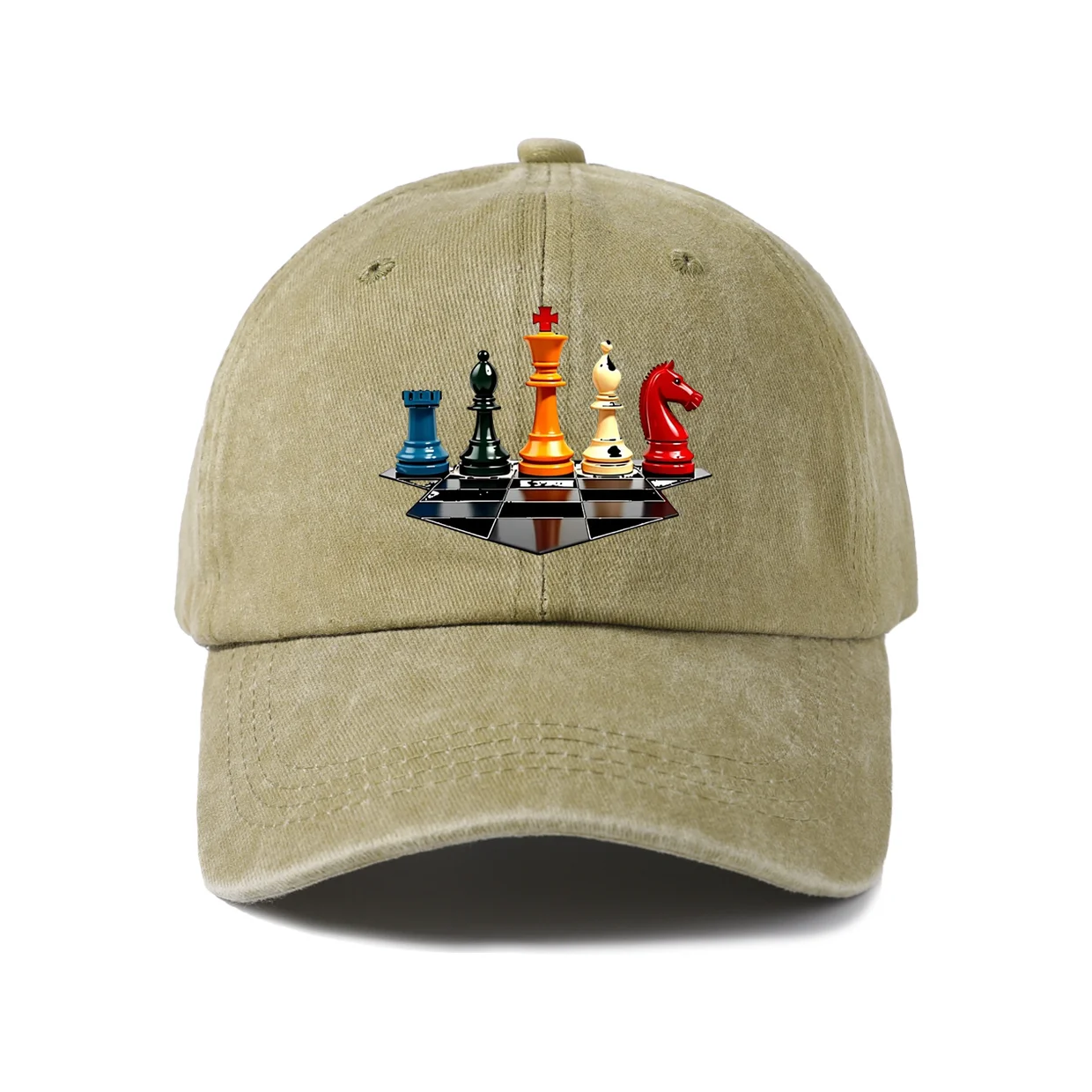 Colorful Chess Pieces Graphic Baseball Cap, Vintage Washed Adjustable Unisex Dad Hat, Streetwear Gift