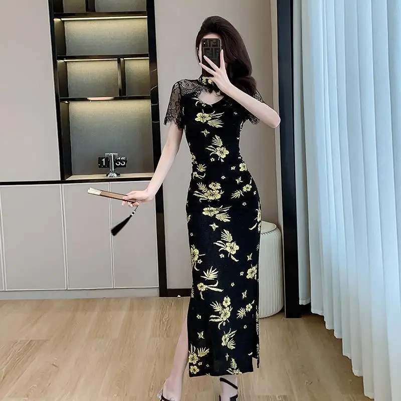 Robe slim rétro à manches courtes pour femmes, robes de RhCheongsam, mode fendue, nouveau, 2024