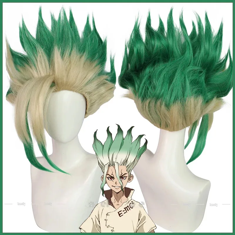 أنيمي Dr.STONE Ishigami Senkuu شعر مستعار تأثيري أبيض أخضر التدرج شائك أعلى عقدة الشعر بيروكات صناعية للرجال النساء الفتيات هالوين #1
