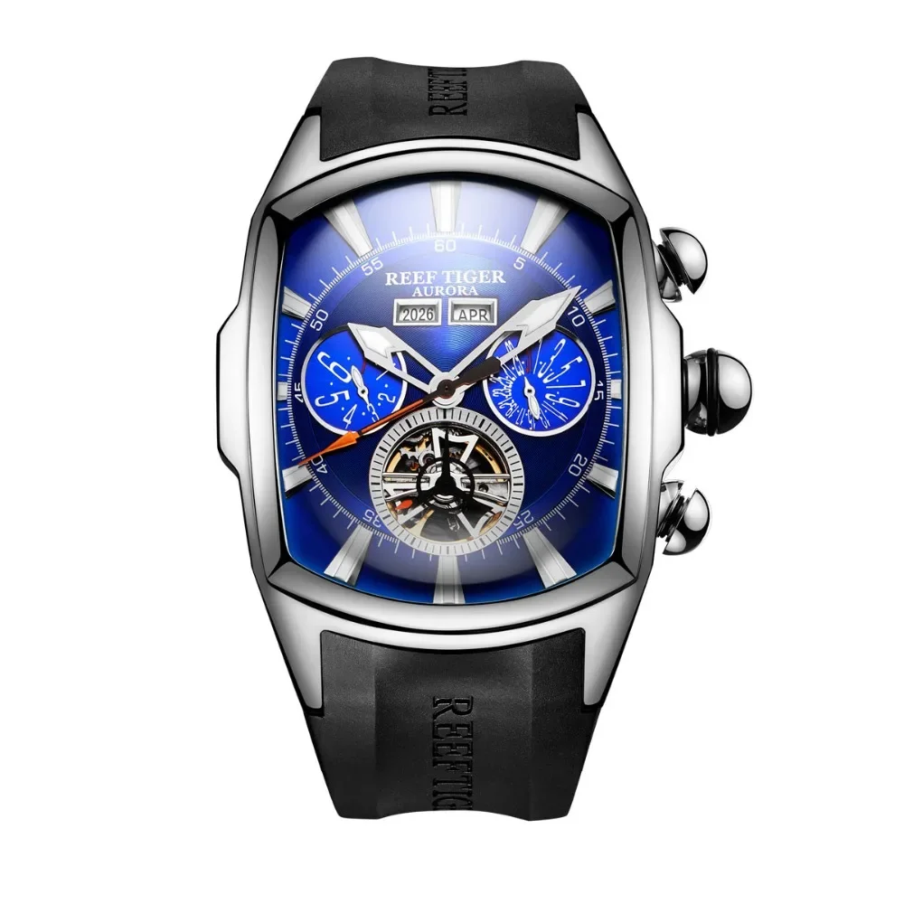 Reef Tiger Luxury Automatic Watch for Men Tonneau Shaped Design Calendar Week Luminous 100m Waterproof Sport Wristwatch Relojes