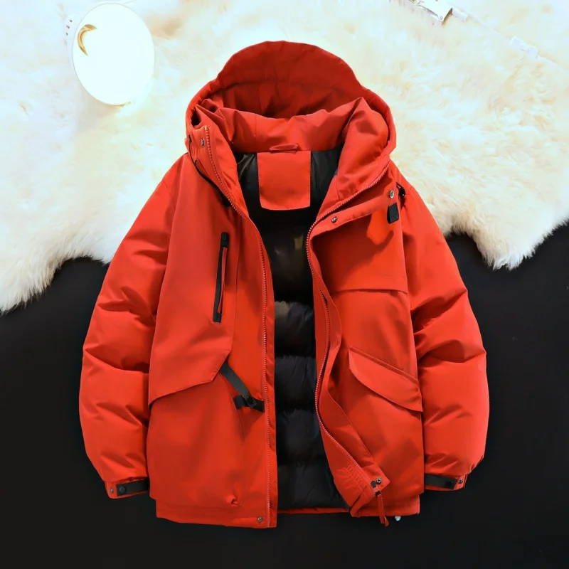 

Men's Thiened Winter Jaet Red down Cotton Coat Youth Casual Versatile Outerwear Warmth Stand Fit Polyester Fiber