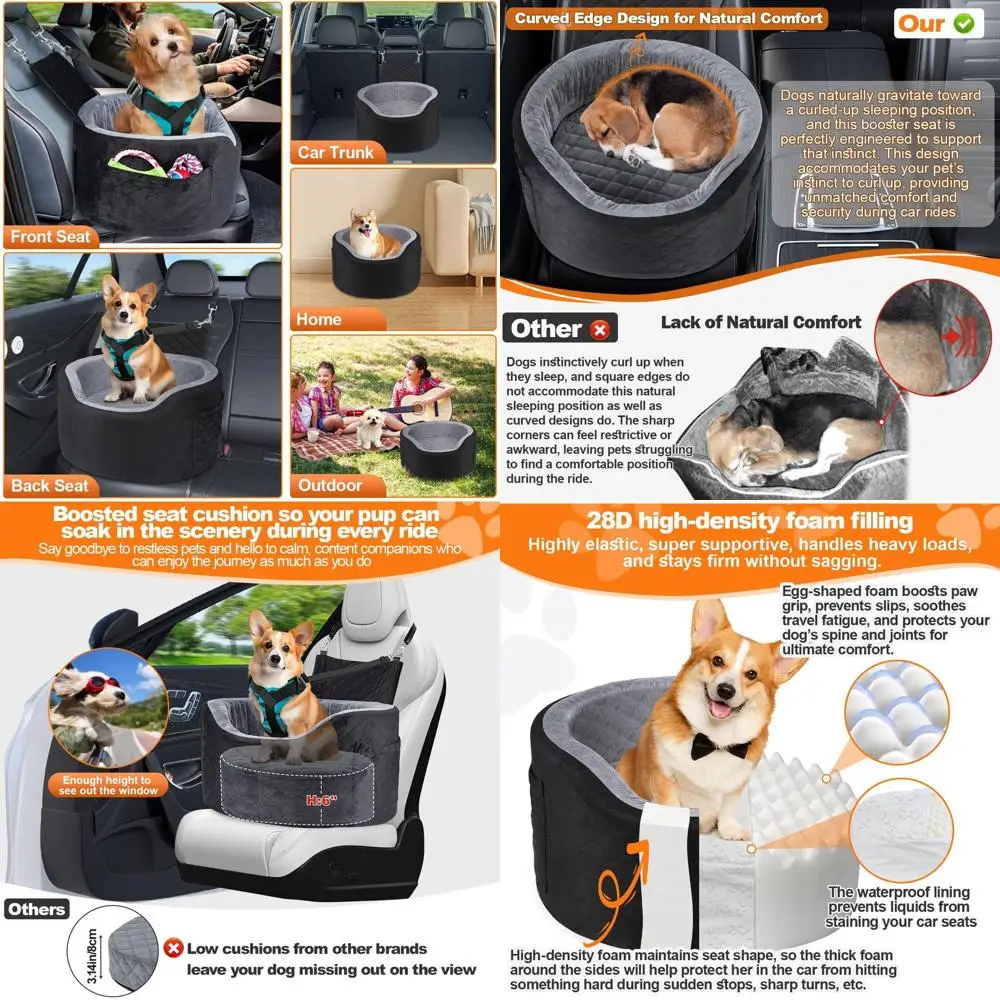 

Сиденье-бустер для домашних животных для маленьких и средних собак, пена с эффектом памяти и водонепроницаемость, дорожная кровать с карманами и одеялом, ремень безопасности, черный