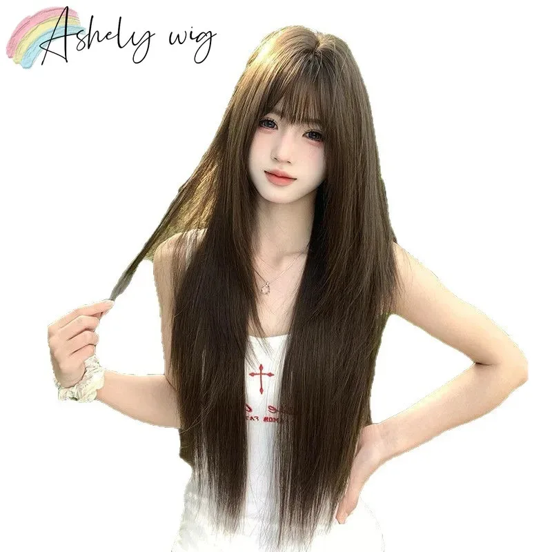 شعر مستعار بني أشلي للنساء، شعر مستعار طويل مستقيم مع غرة من ألياف تتحمل درجات الحرارة العالية، شعر مستعار للاستخدام اليومي