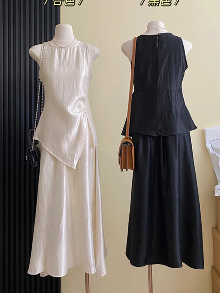 Summer French Fashion Casual 2 Piece Sets Women Outfit Korean Sexy Sleeveless Top + High Waisted Pleated Long Skirt Suits