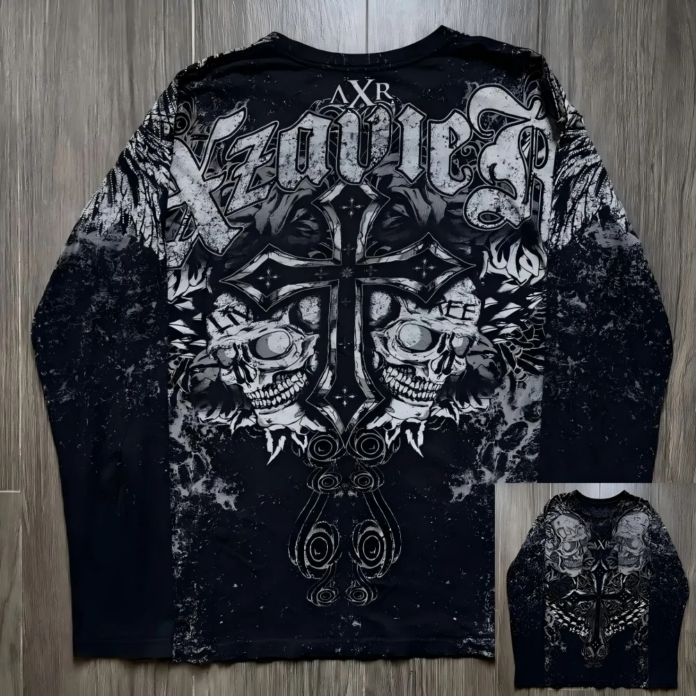 European and American Men's Autumn Fashion Skull Wing Print Comfortable Soft Long Sleeved T-Shirt Outdoor Street Style Top