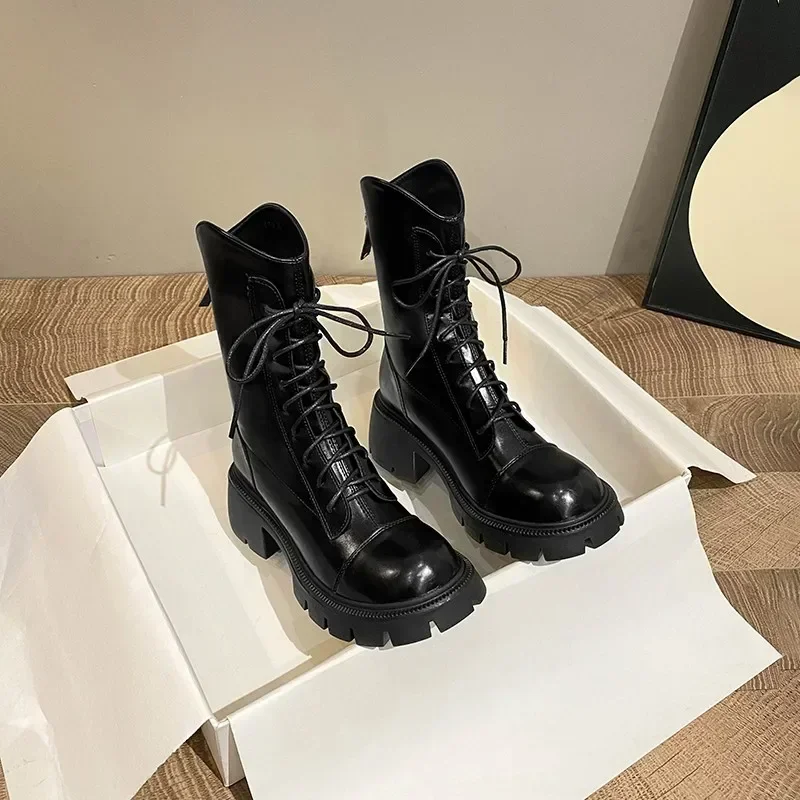 

Spring New Style Women's Boots Lace Up Mid Follow Round Head Fang Hei Rubber Wear-resistant Sole Platform Shoes Outdoor Leisure