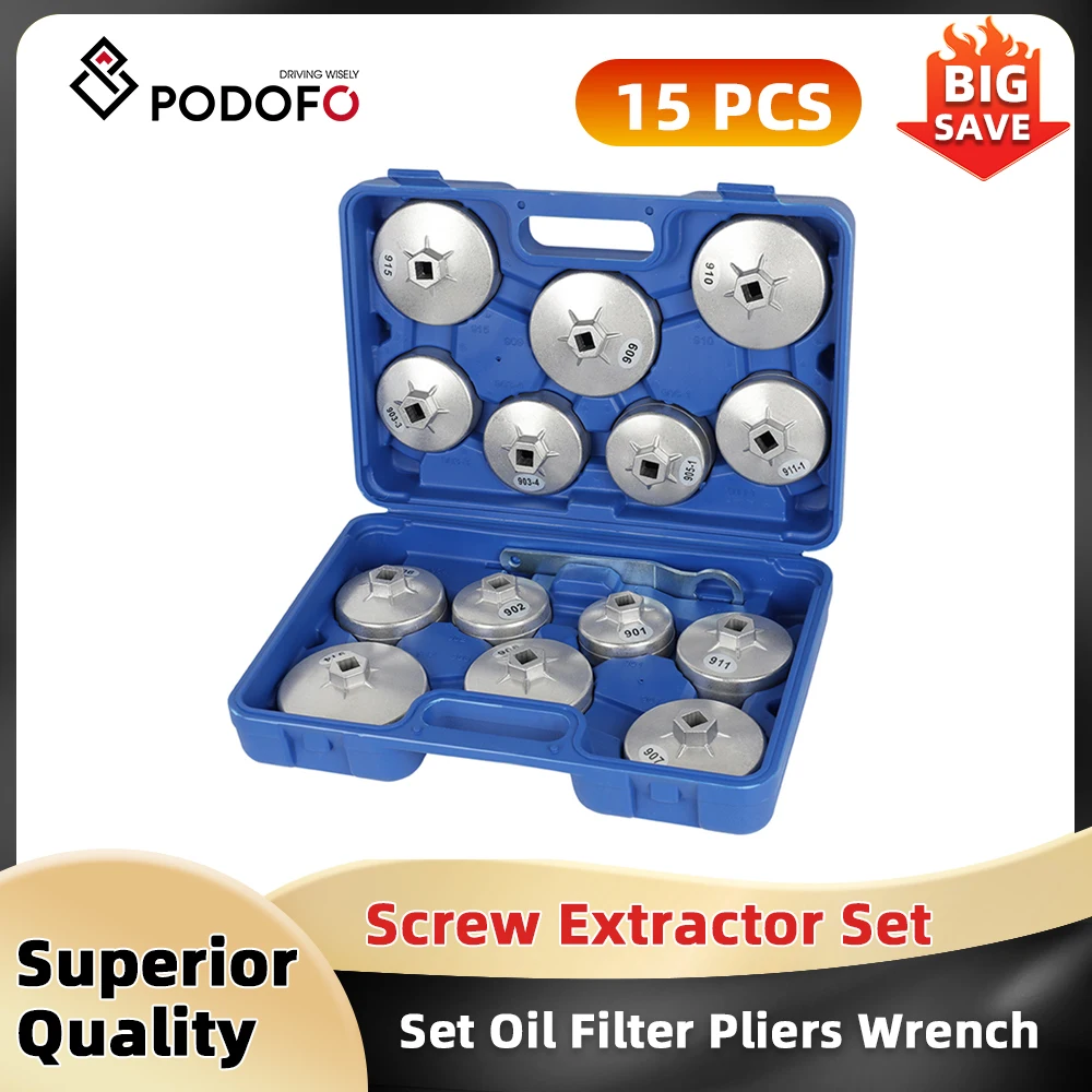Podofo Socket Set Tool Kit 15pcs Set Oil Filter Pliers Wrench Drive Cap Tool Set Oil Filter Cap