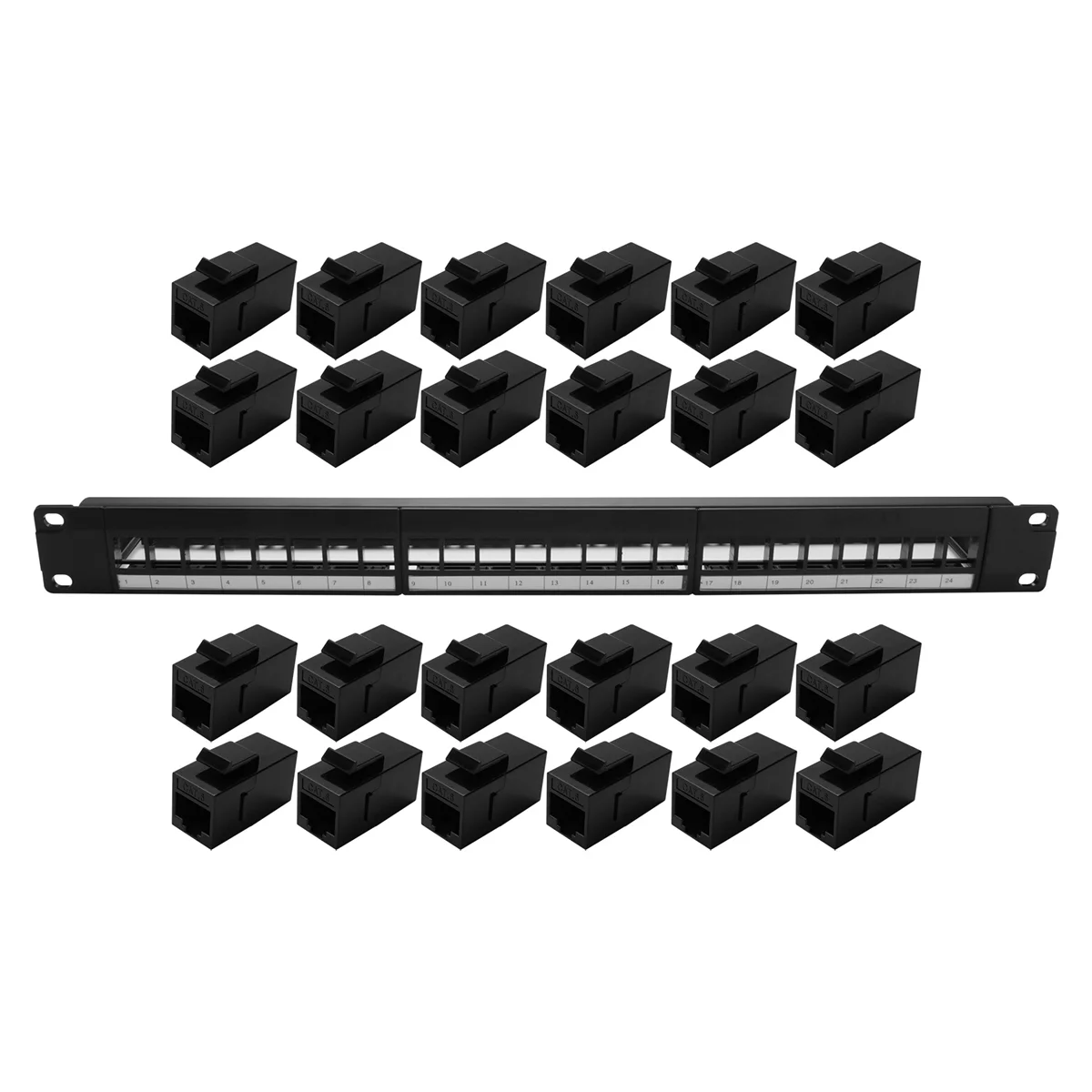 19Inch 1U Cabinet Rack Pass-Through 24 Port CAT6 Patch Panel RJ45 Cable Adapter Keystone Jack Modular Frame