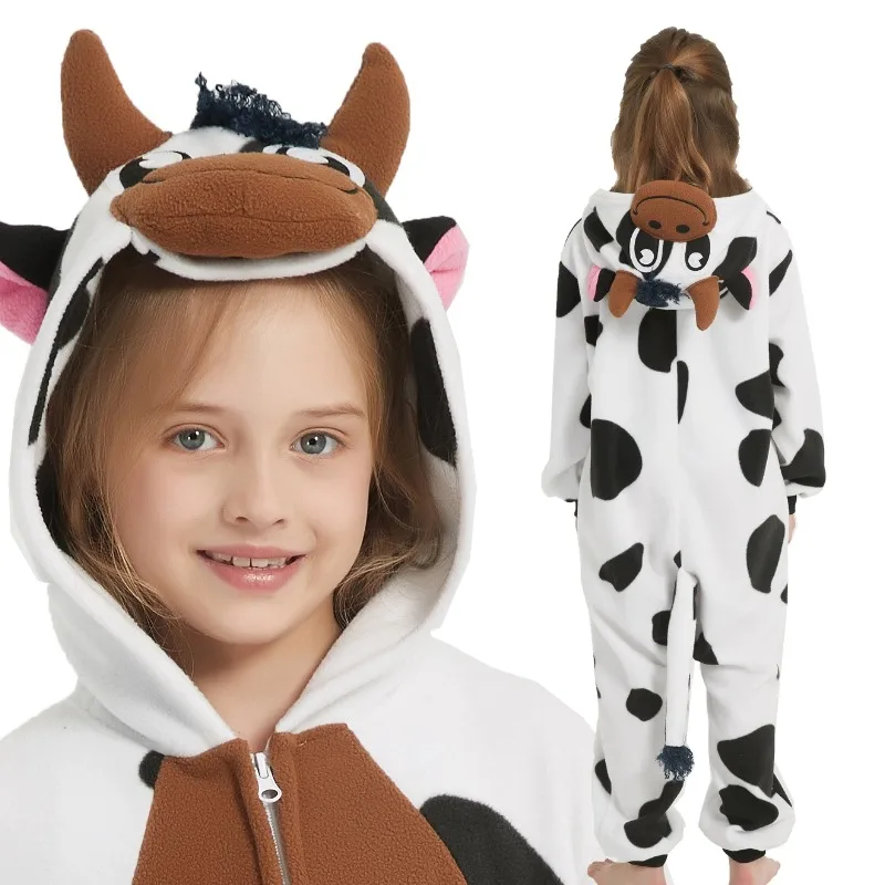 Kids Cow Costume Onesie Hooded Cartoon Pajamas Role-Play Game Outfit for Halloween Christmas Party Children's Animal Suit