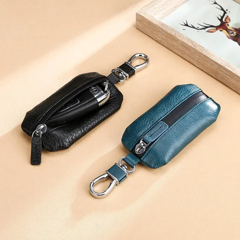 Natural Ribbed Head Layer Cowhide Car Key Case Leather Remote Control Protective Case Waterproof Zipper Fashion Key Case