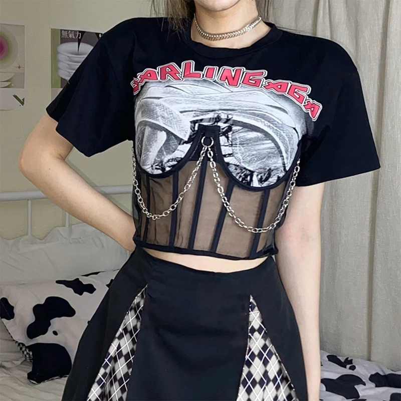 Women Punk Short Sleeve Crop Top Harajuku Mesh Chain Corset Stitching Patchwork T-Shirt Letters Graphic Lace-Up Slim Tee