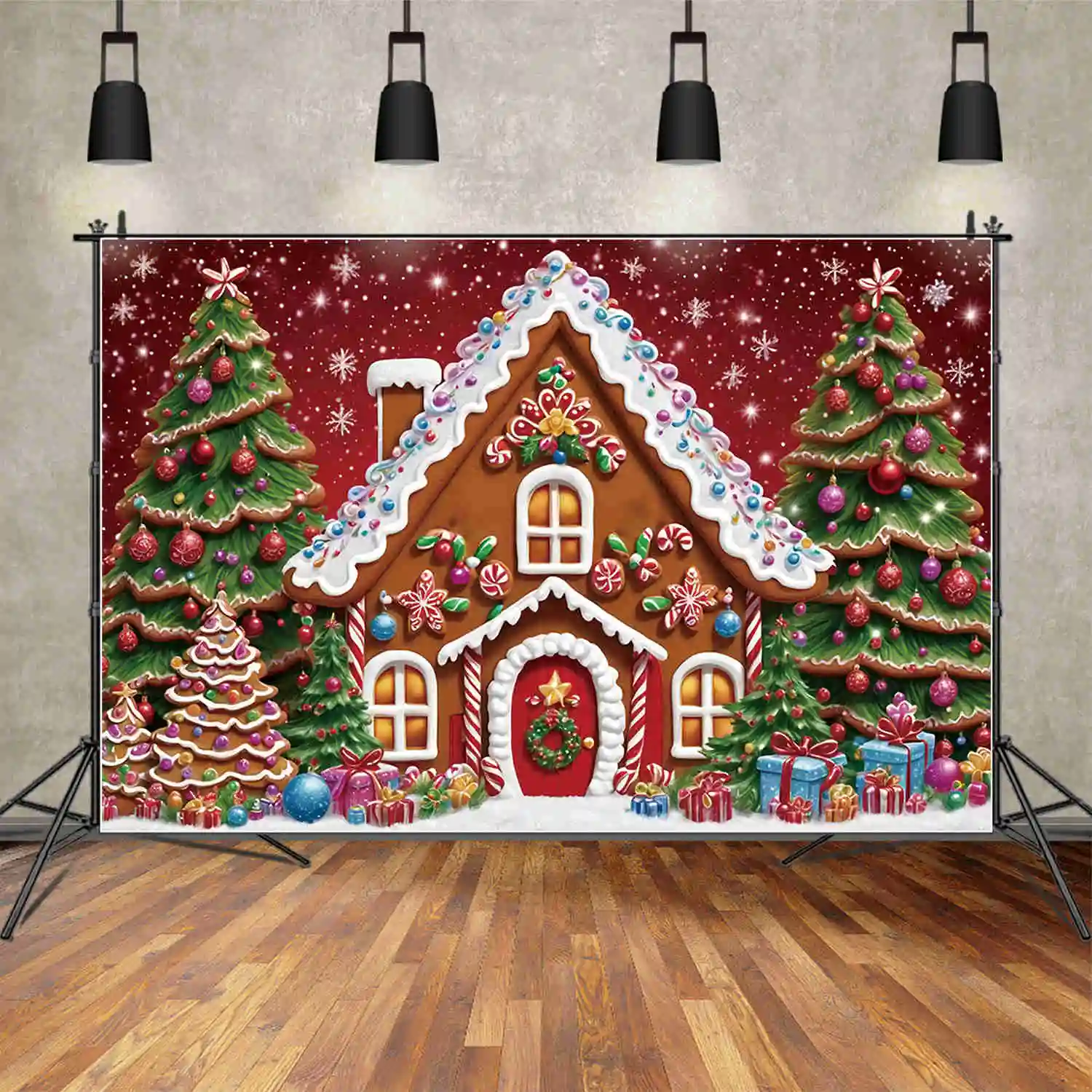 

MOON.QG Christmas Trees 2024 Backgrounds Red Snowflake Gingerbread House New Year Backdrops Party Decoration Photography Props