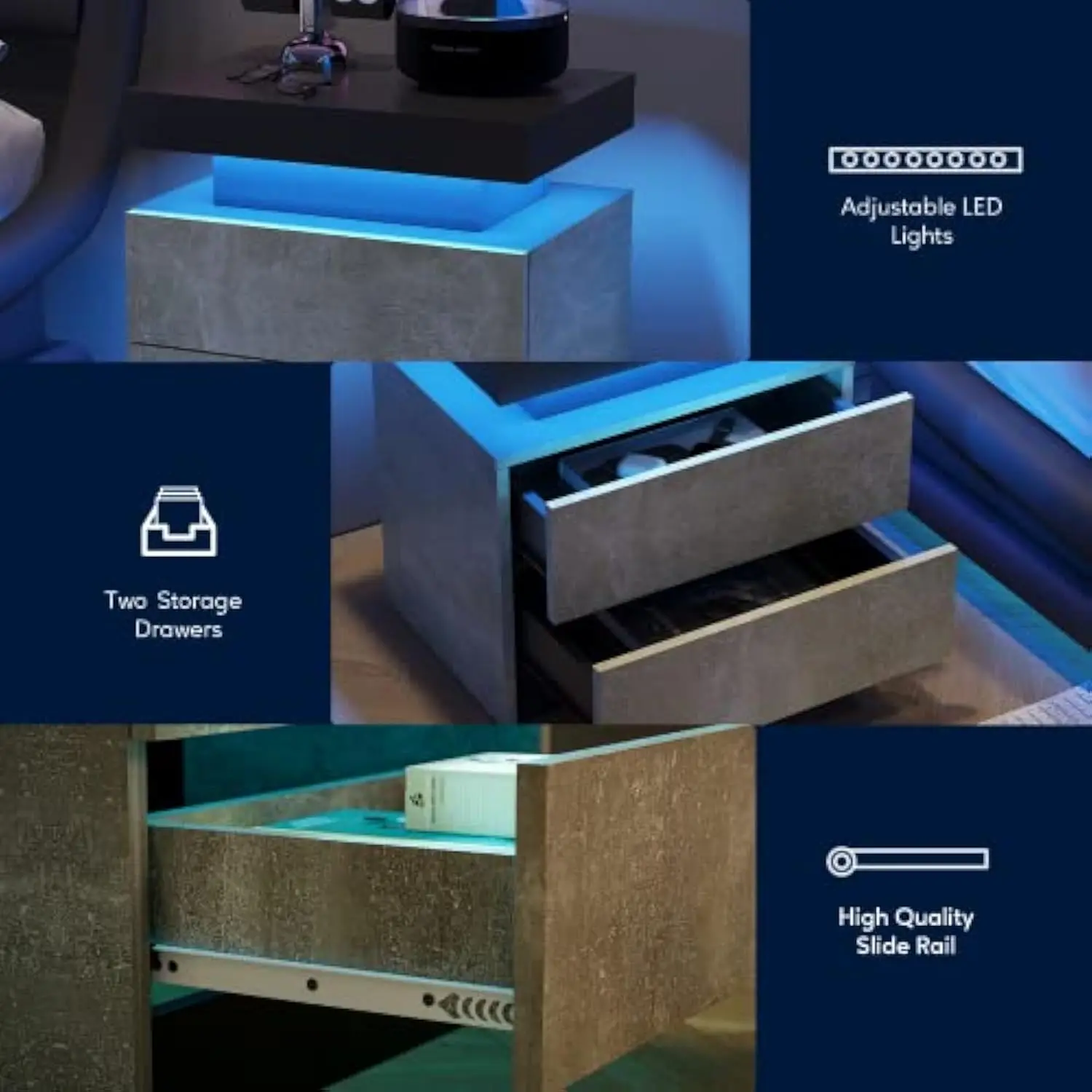 Conjunto de 2 mesinhas de cabeceira LED, mesa lateral moderna com 2 gavetas, móveis de quarto LED para quarto e sala de estar, cinza