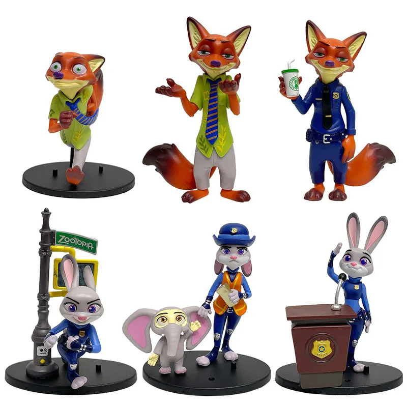 6pcs/Set Disney Zootopia Judy Rabbit Nick Fox Series Figurine Models Cute Cartoon Anime Figurine Accessories Gift 10-12cm