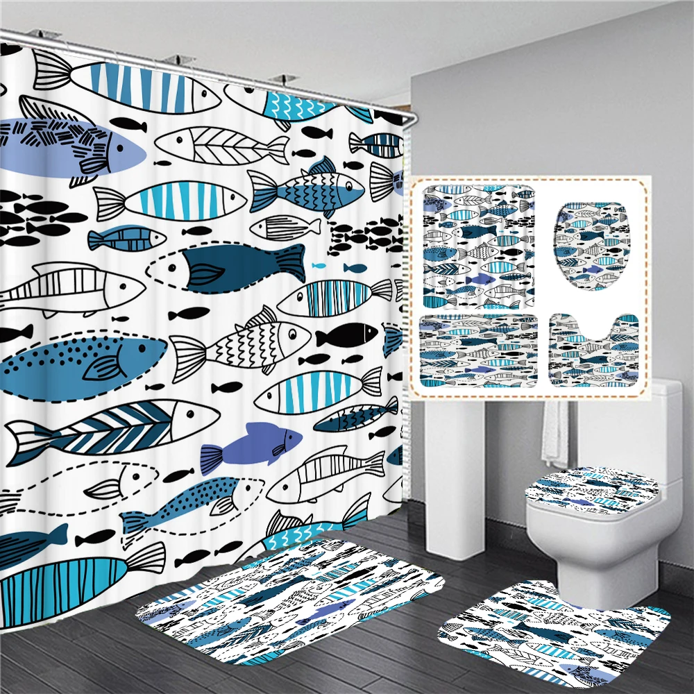 3D Ocean Cartoon Fish Toilet Cover Bath Mat Rug Set Fish Dolphin Bathroom Curtain Waterproof Fabric Shower Curtains with Hooks