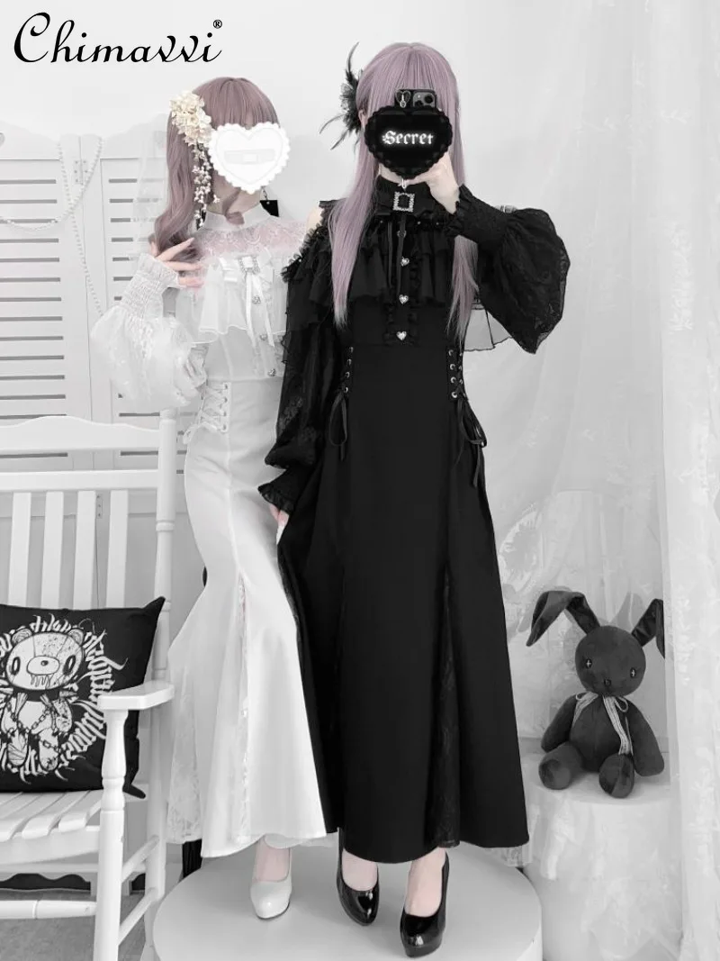 

Japanese Mass-Produced Elegant Off-Shoulder Cape Long Sleeve Mermaid Long Tulle Dress Sweet Princess Lace Cute Bow Lolita Dress