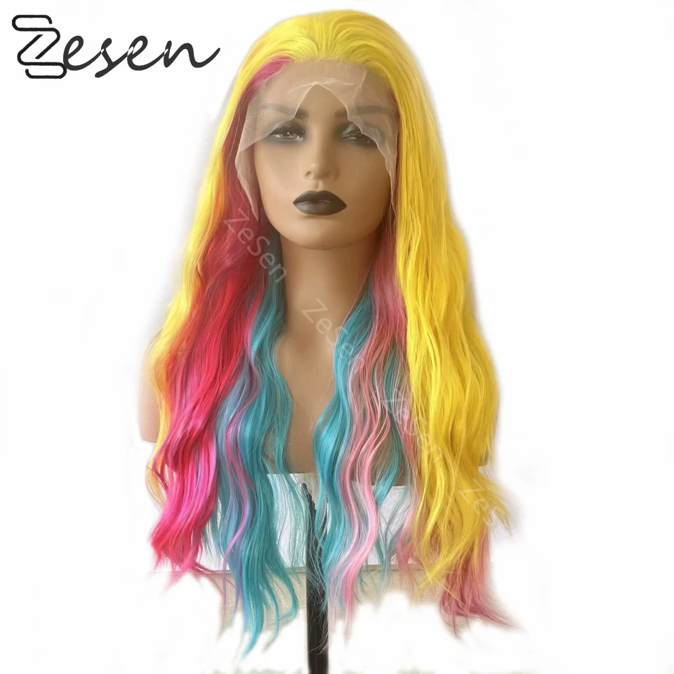 Highlight Color Wig Synthetic Lace Front Wigs Baby Hair Ombre Yellow Pink Mixed 26Inch Long Wavy Cosplay For Women  Daily Party