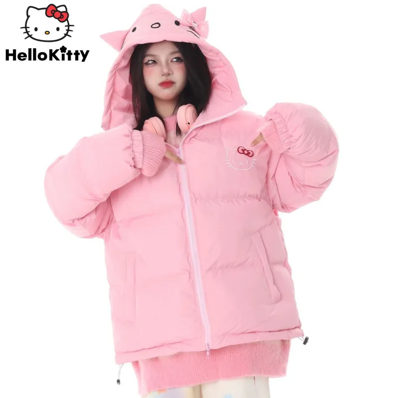 2024 New Hello Kitty Hooded Padded Down Coat Clothes for Women Cute Sweet Winter Warm Loose Zipper Parkas Jackets